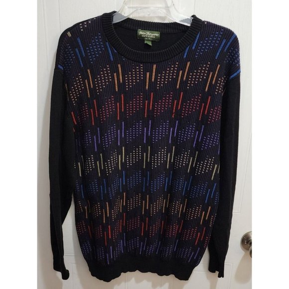 VTG Norm Thompson Black Rainbow Striped Coogi Style Grandpa Sweater Biggie Sz L - Picture 1 of 8